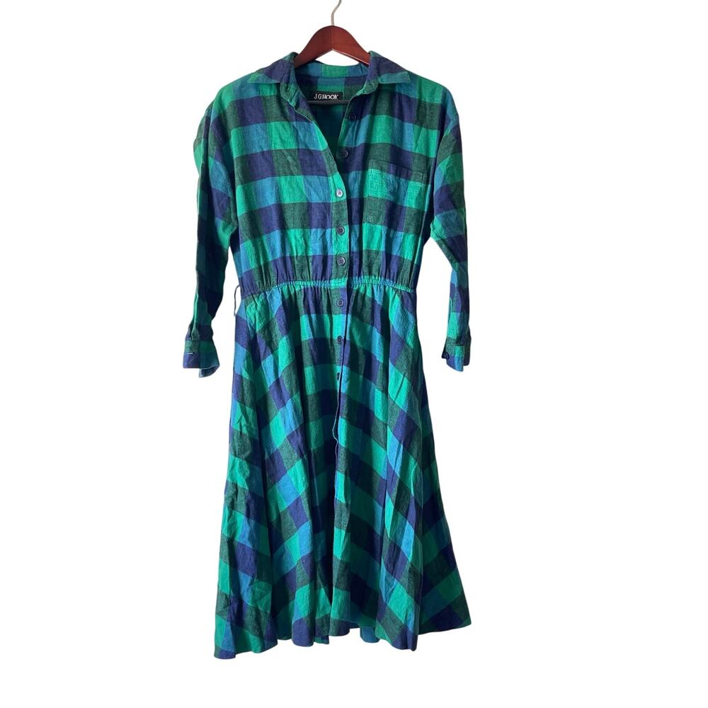 Vintage flannel JG Hook green shirt dress midi cottagecore rustic 10